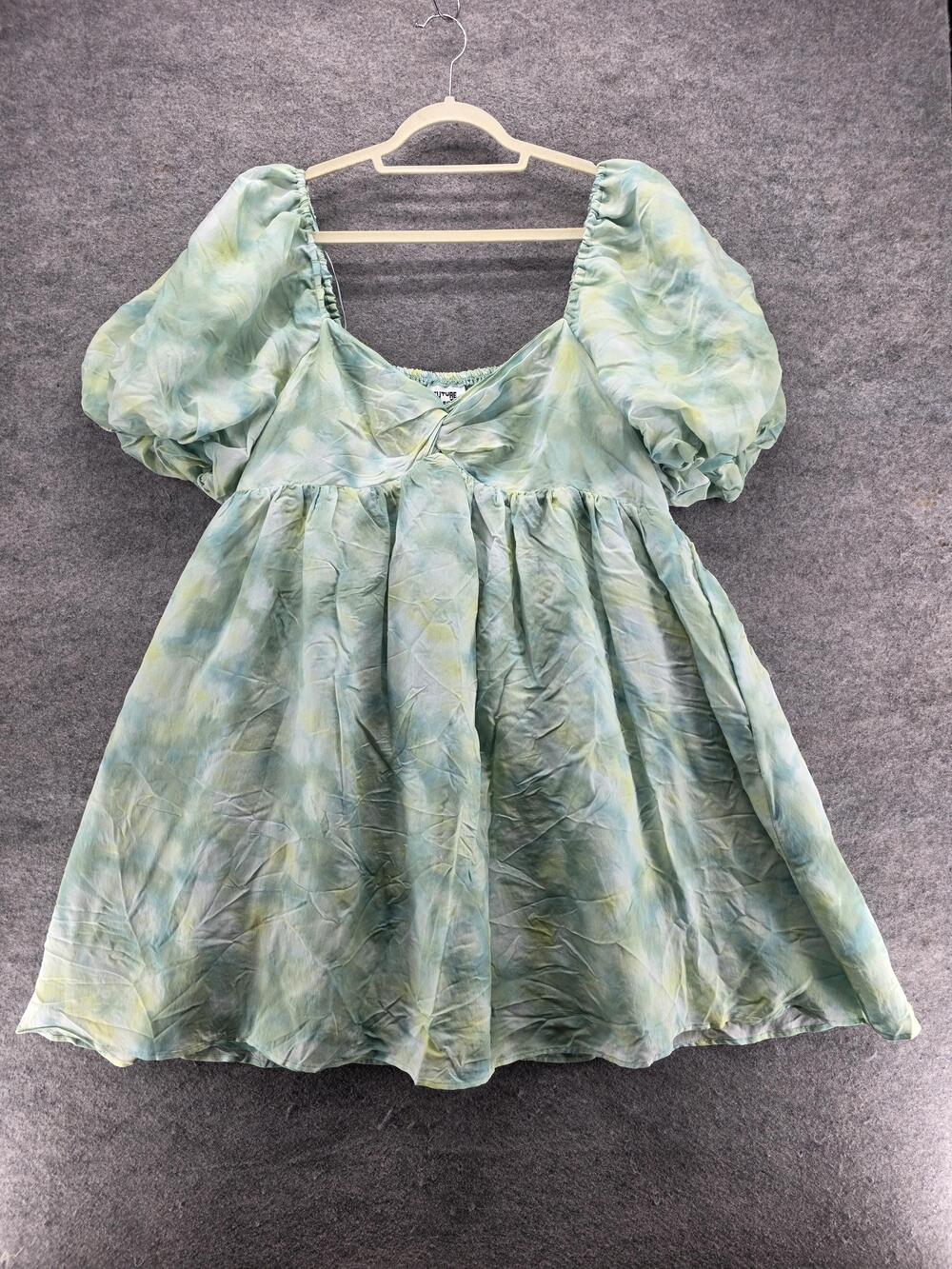 Future Collective Dress Womens 1X Green Blue Puff Sleeve Babydoll Mini Tie Dye